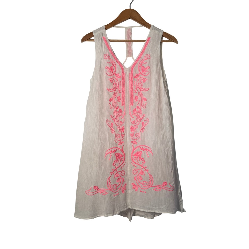NEW Altar'd State En Creme White Neon Pink Embroidered T-Back Dress Sm Coachella